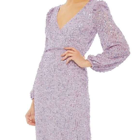 Lavender Mac Duggal Illusion Puff Sleeve V Neck Midi Dress Size 2 Style 107641 - Picture 4 of 6
